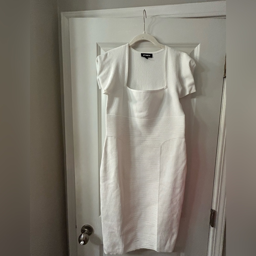 Express White Textured Square-Neck Midi Sweater Dress